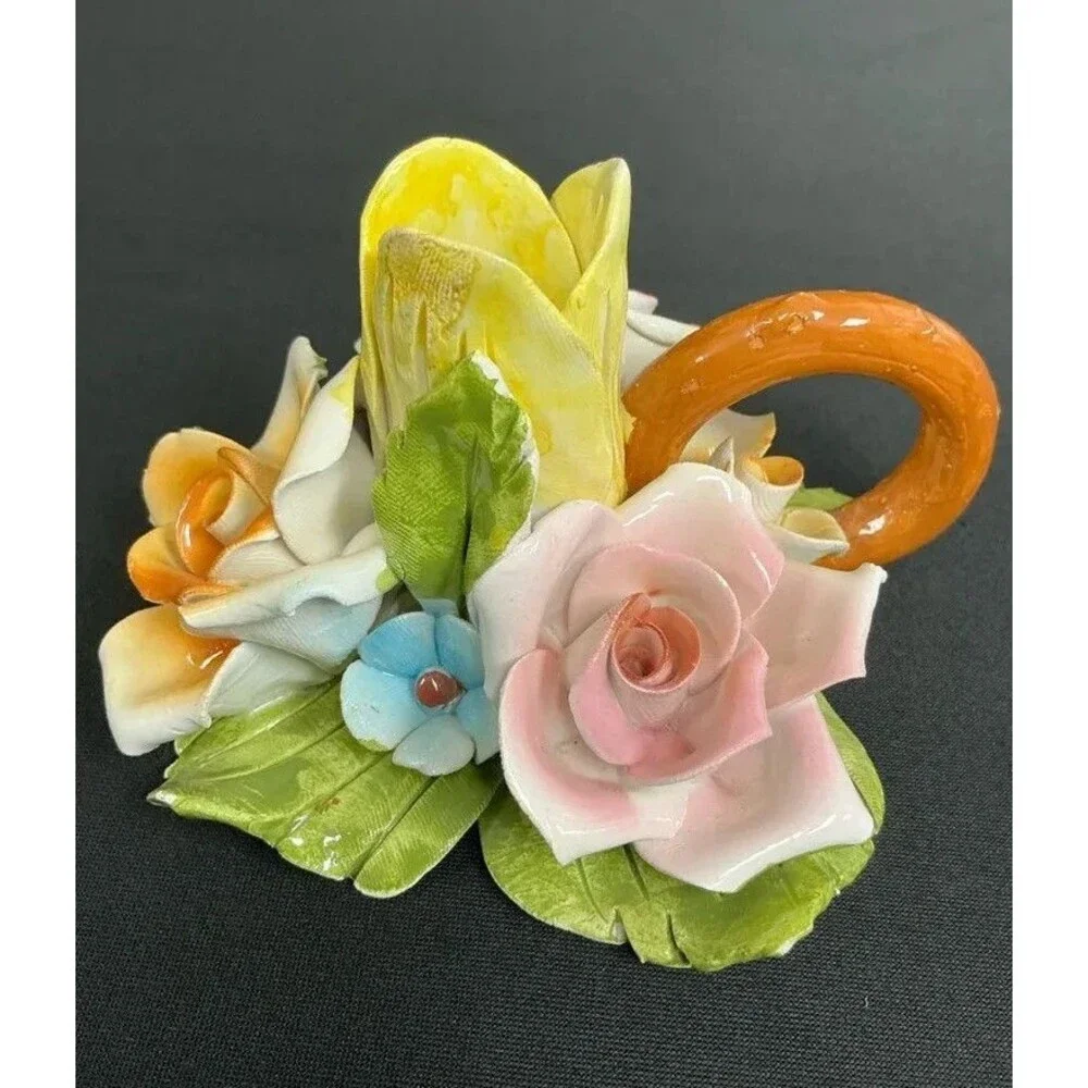 VTG Bassano Italy 4pc Porcelain Ceramic Multicolor Rose Candle Holder Rare 3”